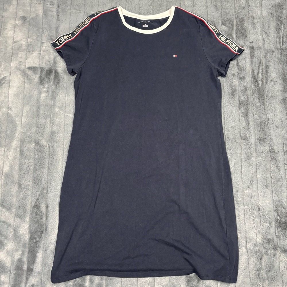 Tommy Hilfiger Womens Navy Blue Logo Tape T-Shirt Dress Size L Ringer Neck